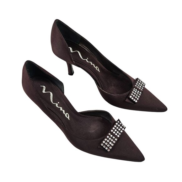 Nina Womens Heels Size 8.5M Pointed Toe Rhinestone Bow Detail Brown Satin - Picture 1 of 8